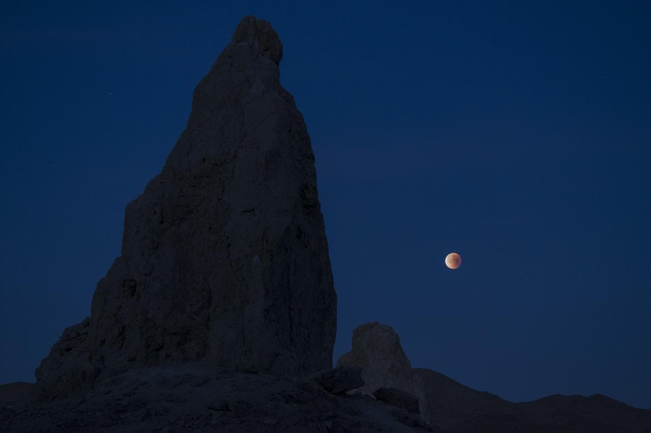 Image shows Trona Pinnacles near California's NASA Armstrong Flight Research Center during Jan. 31 Super Blue Blood Moon. Trona Pinnacles is an unusual geological feature of the state's Desert National Conservation.