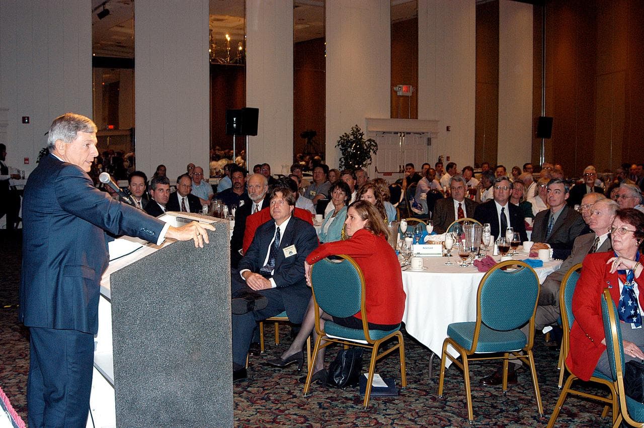 KENNEDY SPACE CENTER, FLA. - At a luncheon during Space Congress Week, Michael Kostelnik, NASA deputy associate administrator for the Space Shuttle and the International Space Station, speaks to luncheon attendees about the future challenges the Agency faces.  Held April 29-May 2, 2003, in Cape Canaveral, Fla., the Space Congress is an international conference that gathers attendees from the scientific community, the space industry workforce, educators and local supporting industries.  This year's event commemorated the 40th anniversary of the Kennedy Space Center and the Centennial of Flight.  The theme for the Space Congress was "Linking the Past to the Future: A Celebration of Space."