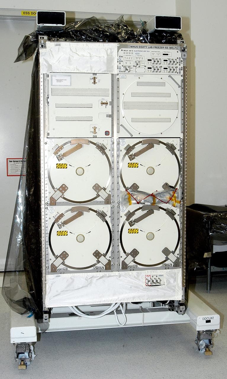 KENNEDY SPACE CENTER, FLA. -  The Minus Eighty Lab Freezer for ISS (MELFI), provided as Laboratory Support Equipment by the European Space Agency for the International Space Station, is seen in the Space Station Processing Facility.  The lab will provide cooling and storage for reagents, samples and perishable materials in four insulated containers called dewars with independently selectable temperatures of -80°C, -26°C, and +4°C. It also will be used to transport samples to and from the station.   The MELFI is planned for launch on the ULF-1 mission.