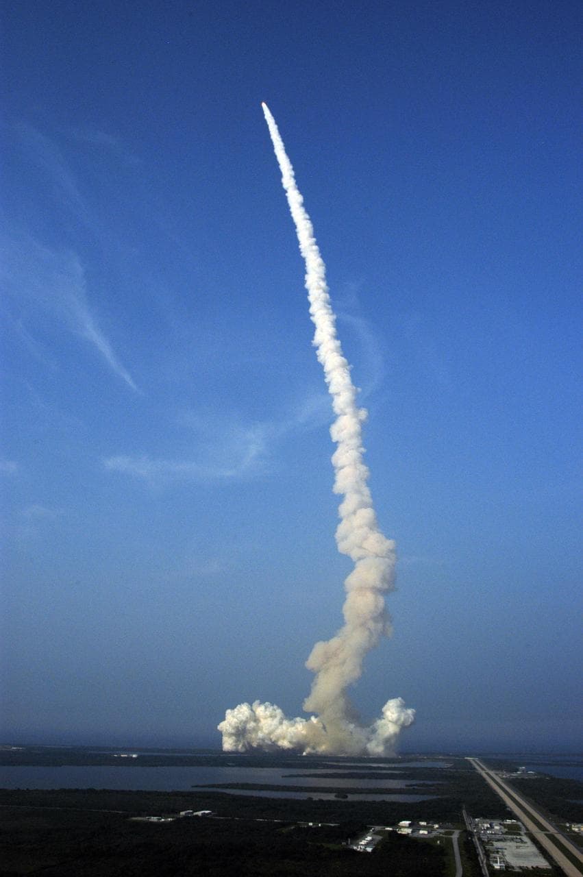 Launch of Space Shuttle Endeavour as it leaps free of Launch Pad