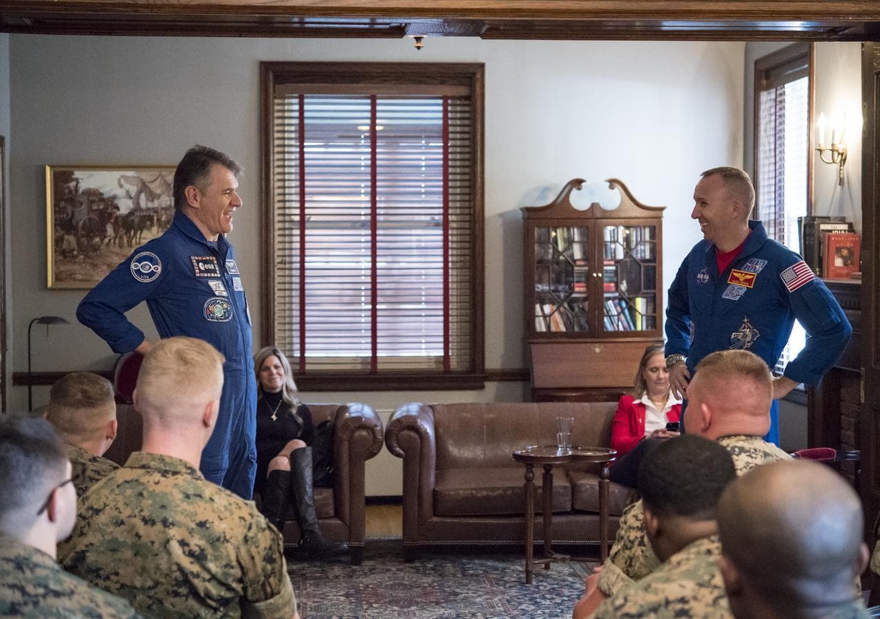 Astronauts Randy Bresnik and Paolo Nespoli Visit Marine Corps Ba