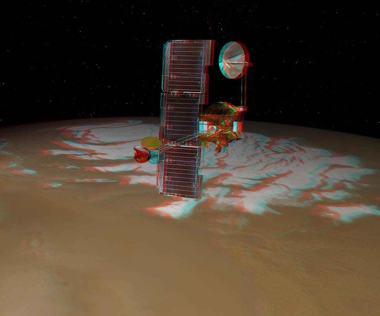 Odyssey over Mars South Pole in 3-D  Artist Concept