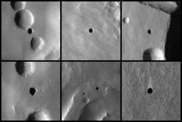 Seven Possible Cave Skylights on Mars