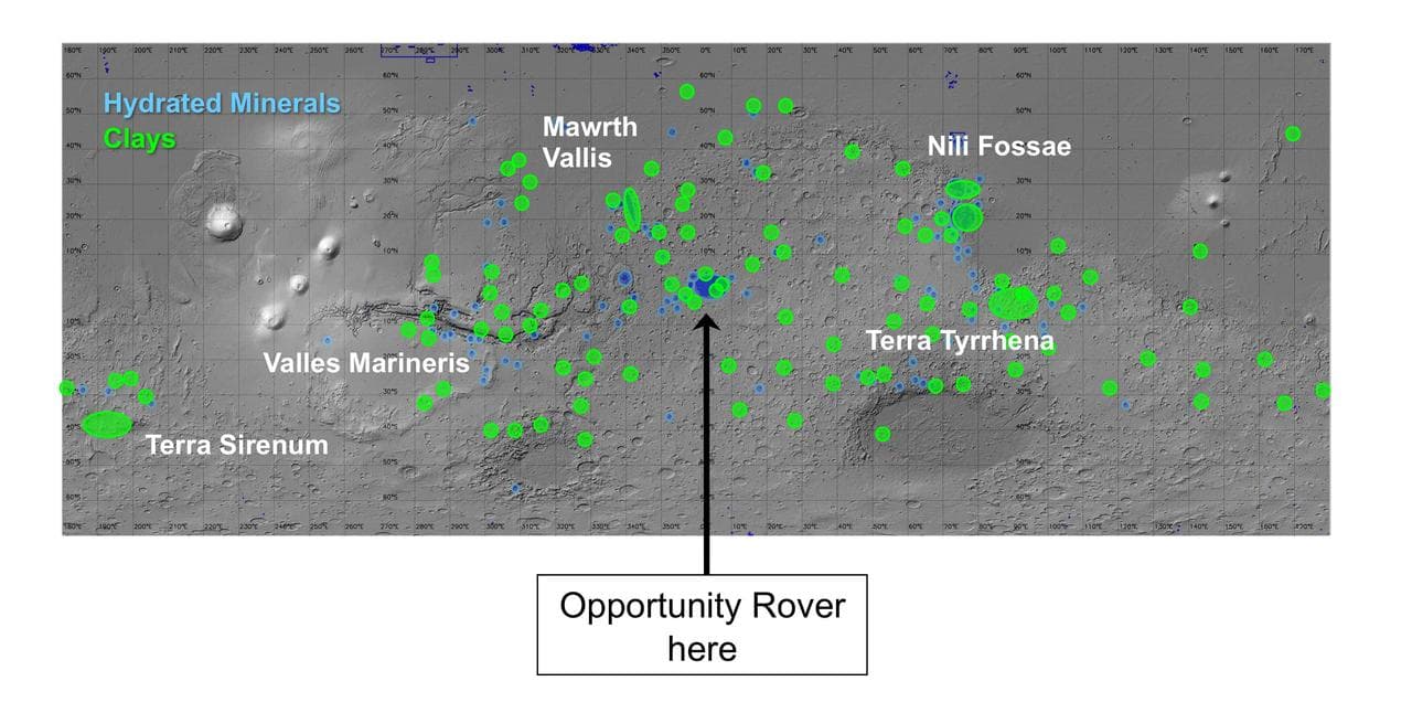 Regions of Mars with Clays and Hydrated Minerals Identified from Orbit