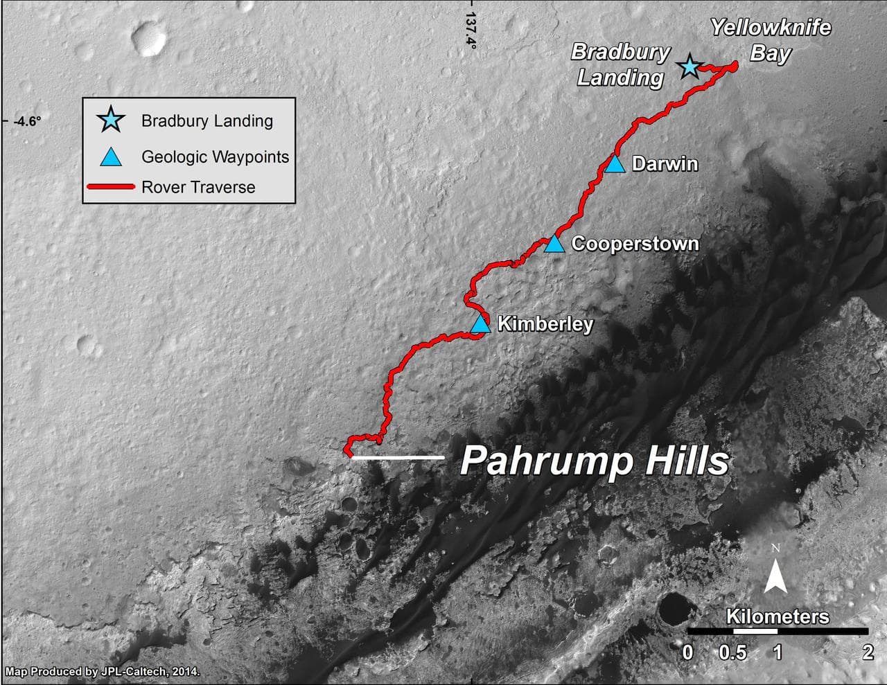 Curiosity Mars Rover Route from Landing to Pahrump Hills