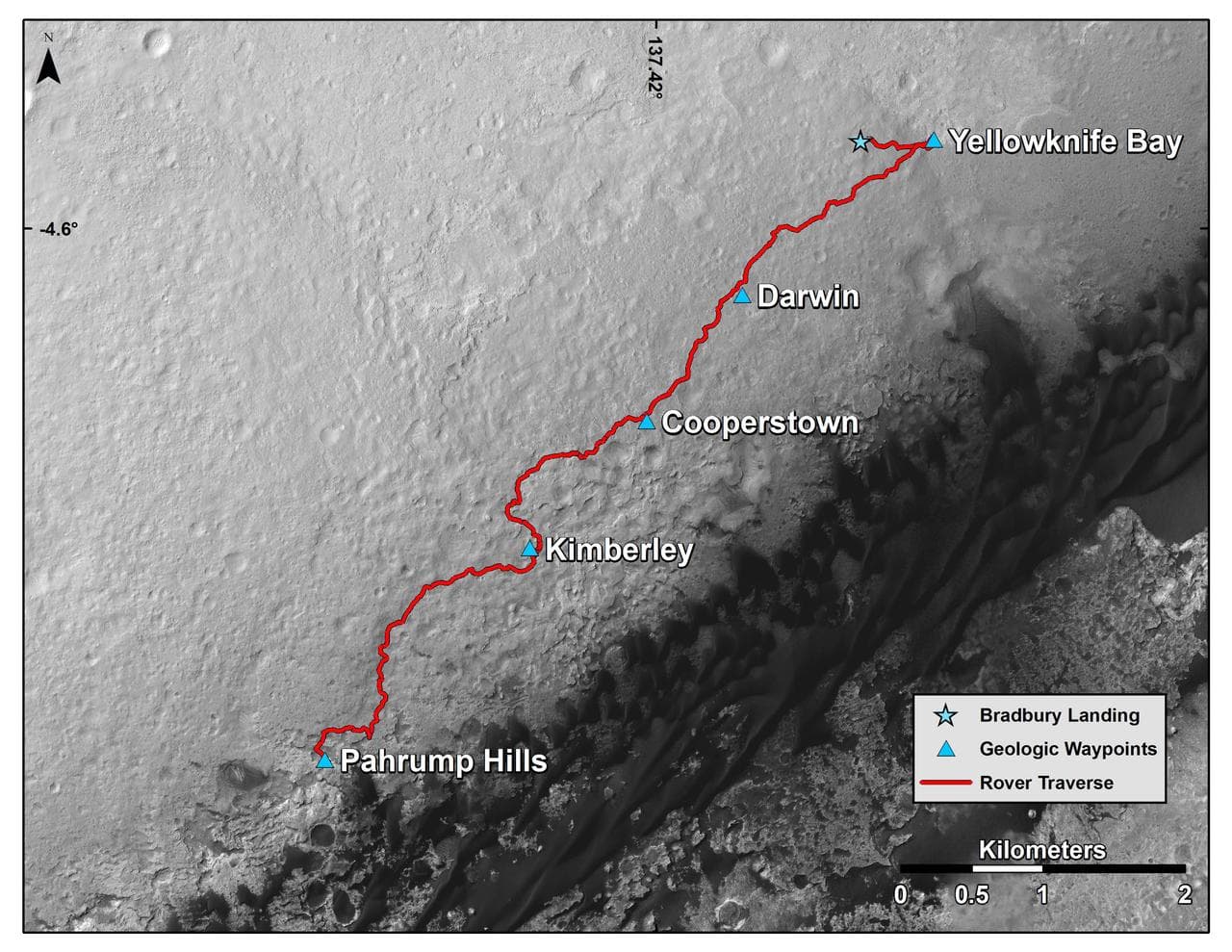 Curiosity Mars Rover Route from Landing to Base of Mount Sharp