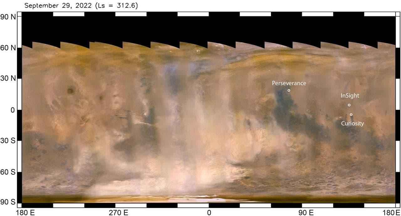 Mars Dust Storm in Relation to InSight, Curiosity and Perseverance