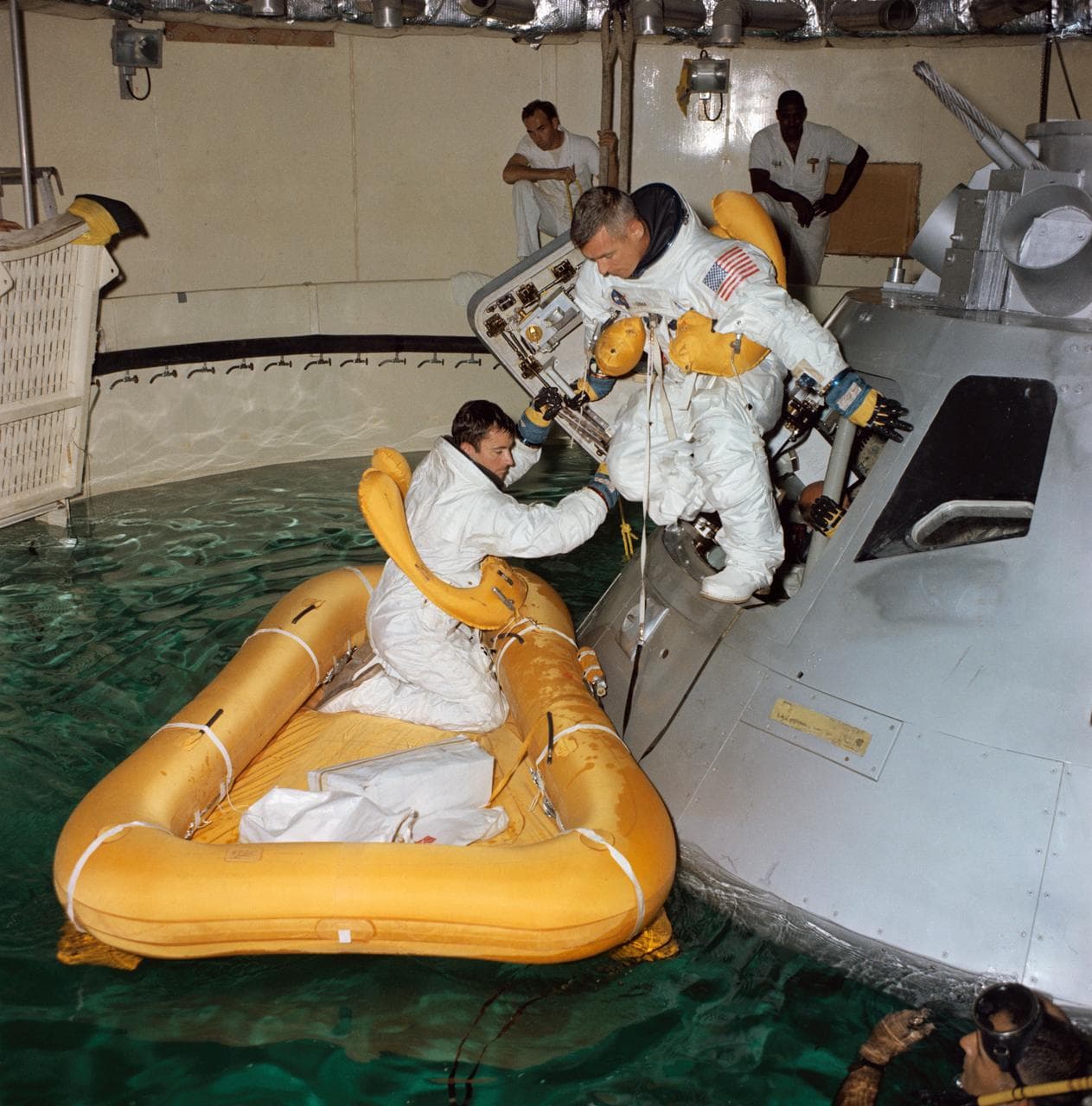 Apollo 10 astronauts participate in water egress training at MSC