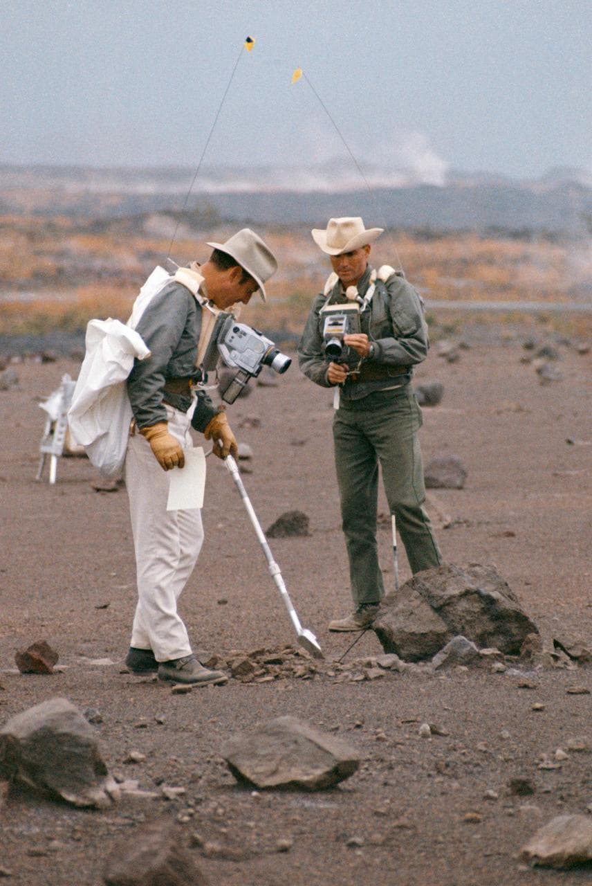 Astronauts Lovell and Haise during simulation of lunar traverse at Hawaii