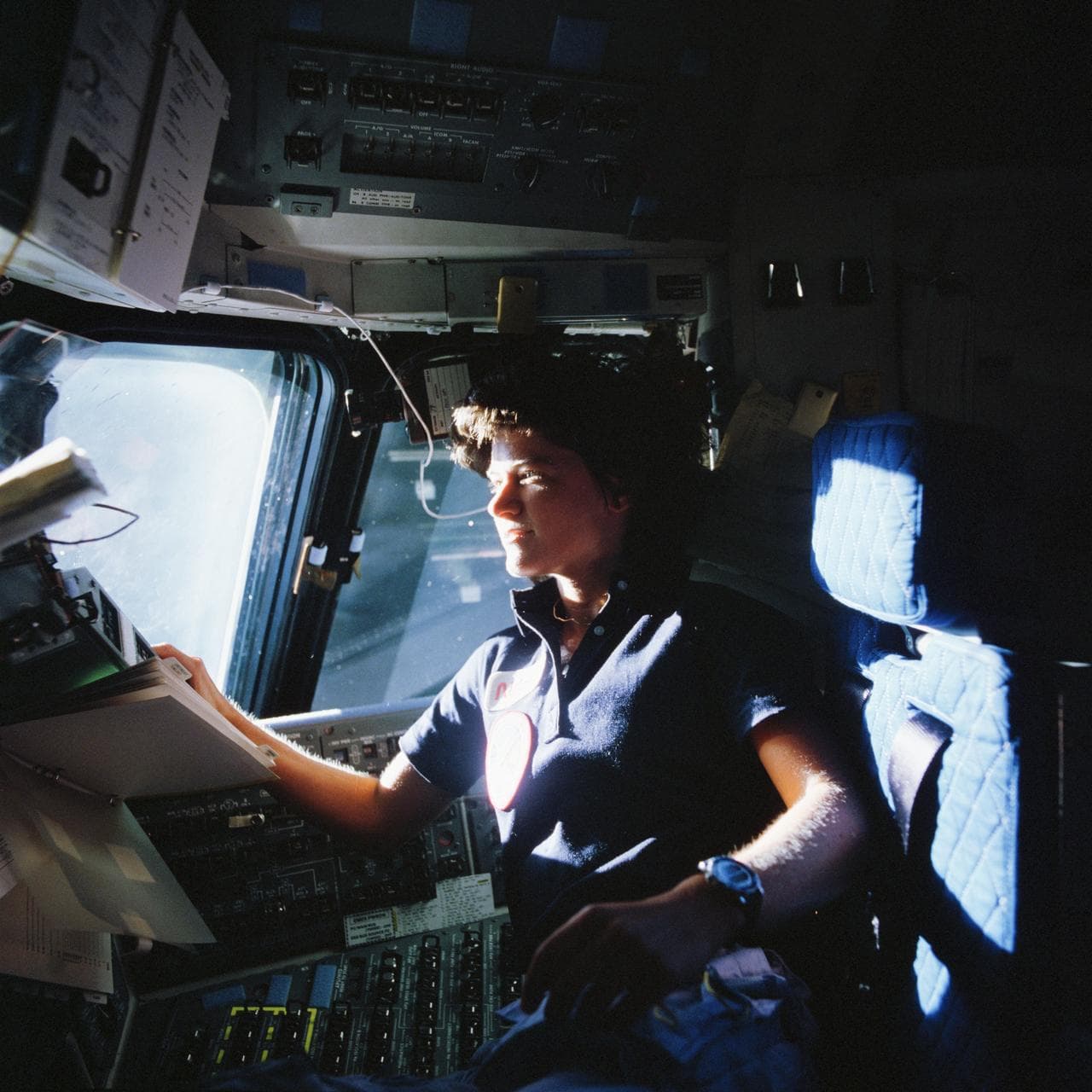 Astronaut Sally Ride on Flight Deck