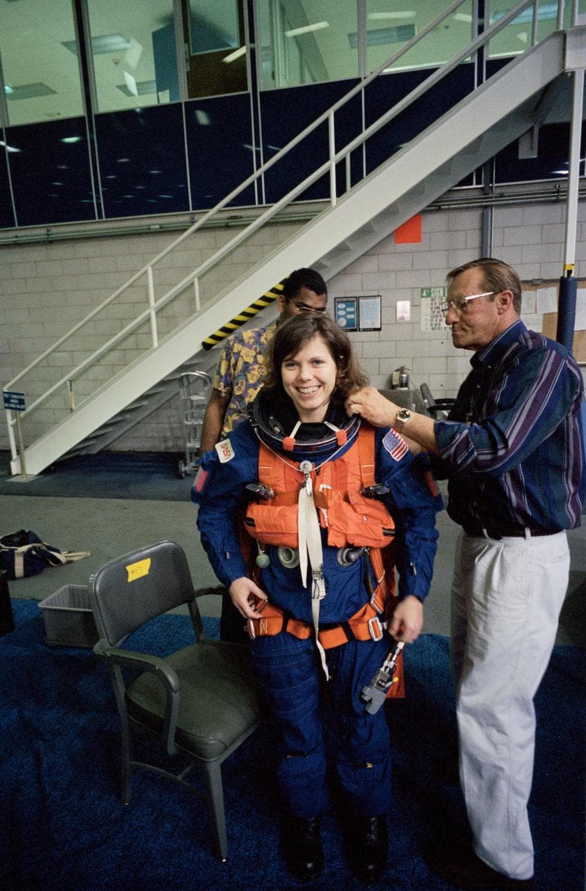 Astronaut Mary Ellen Weber during emergency bailout training at WETF