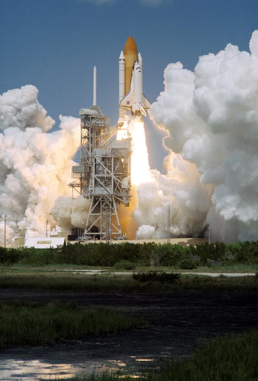 View of the launch of the Space Shuttle Endeavour at KSC to start the STS-100 mission