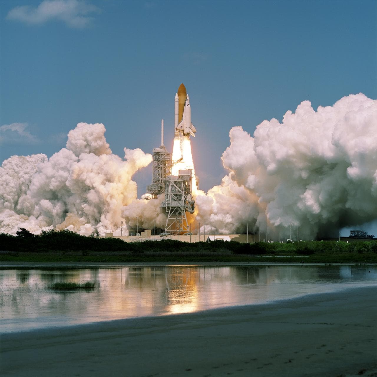 View of the launch of the Space Shuttle Endeavour at KSC to start the STS-100 mission
