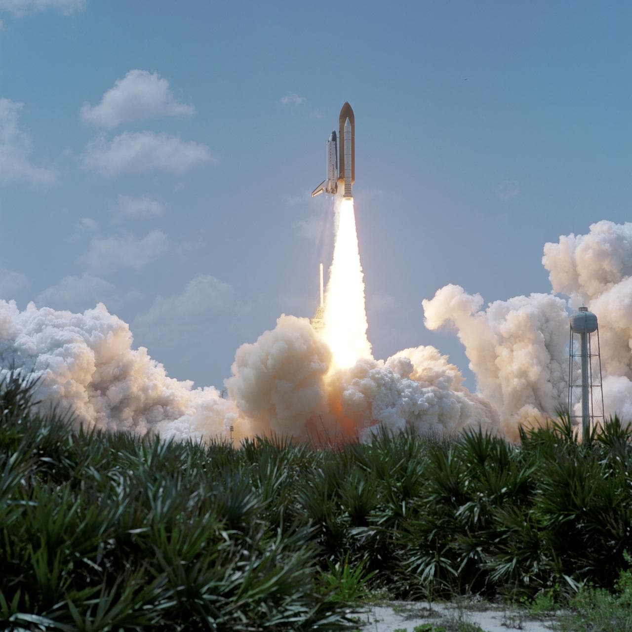 View of the launch of the Space Shuttle Endeavour at KSC to start the STS-100 mission