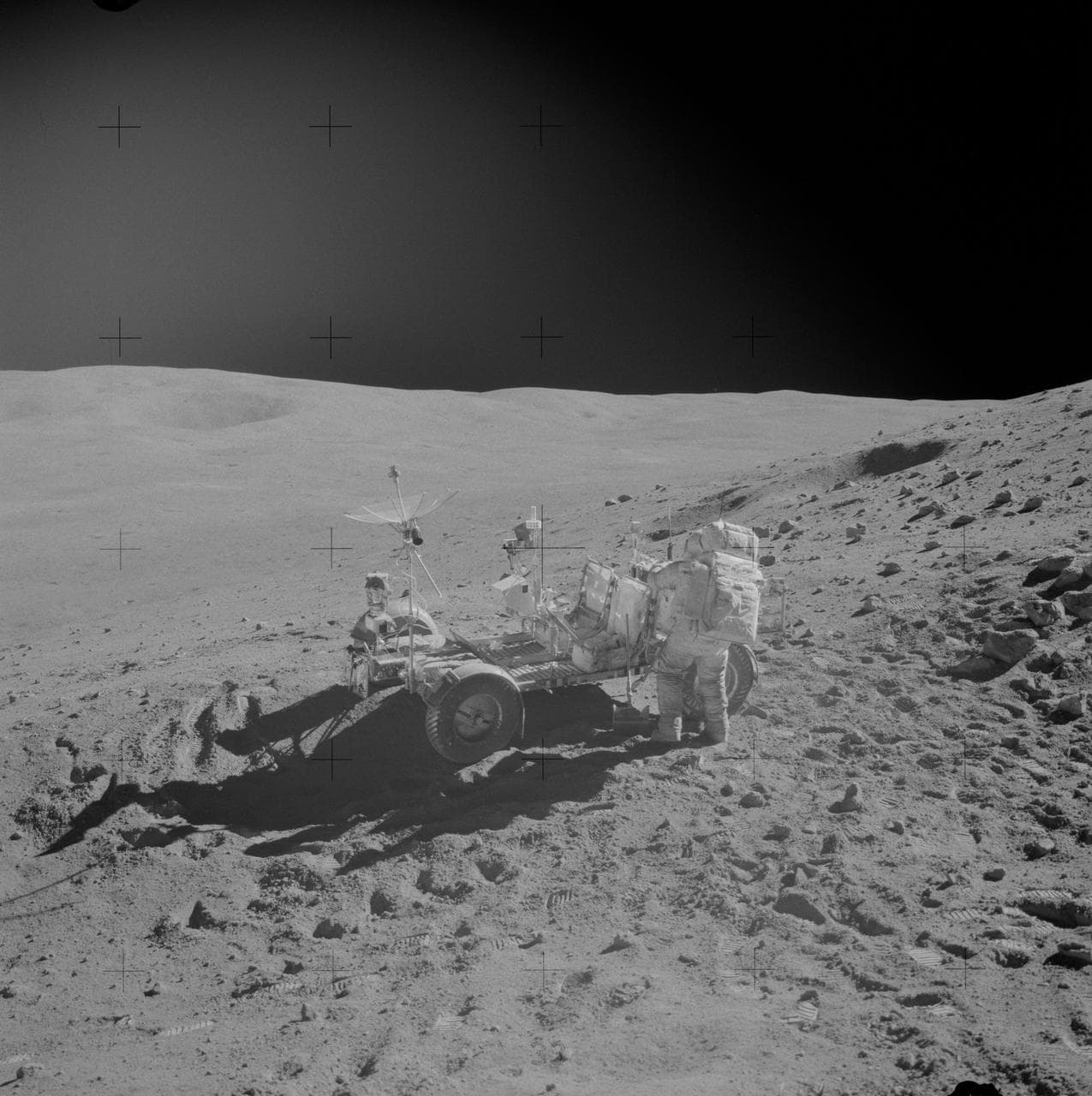 Astronaut John Young replaces tools in Lunar Roving Vehicle during EVA