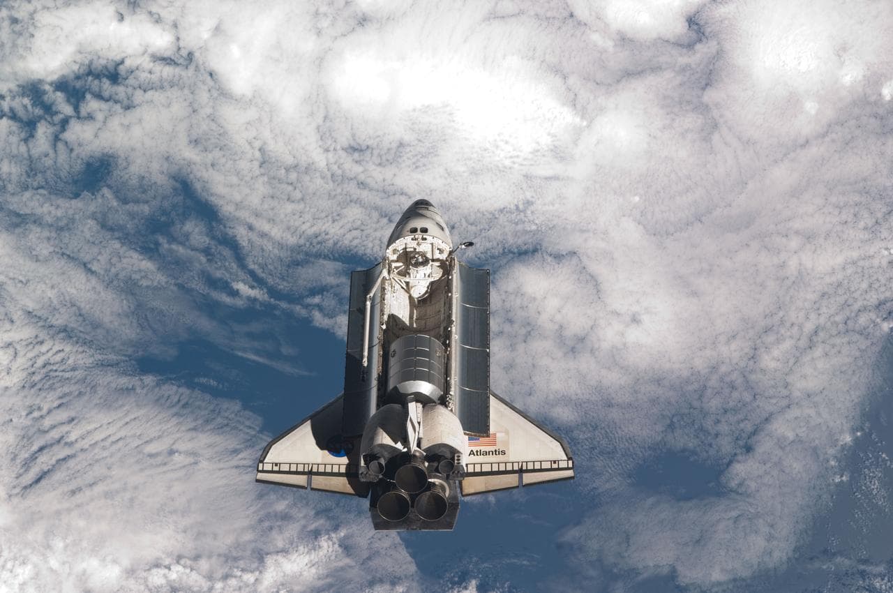 View of the Shuttle Atlantis during approach to the ISS