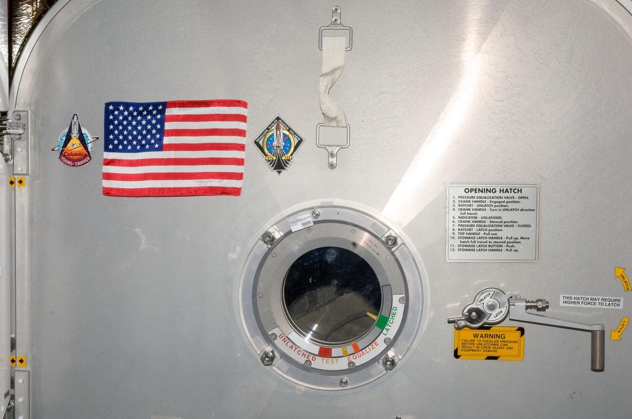 American Flag mounted to Node 2 Forward Hatch