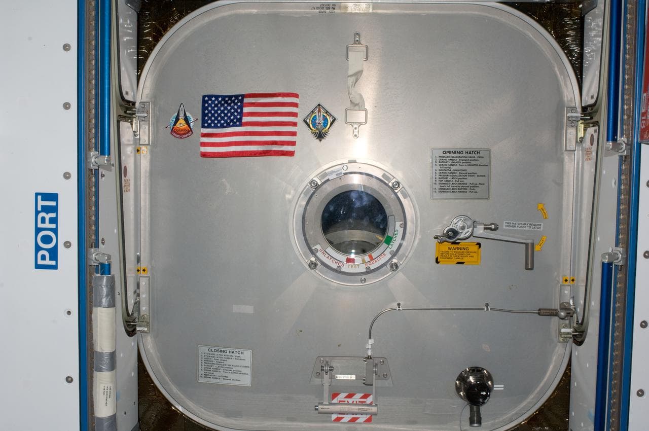 American Flag mounted to Node 2 Forward Hatch