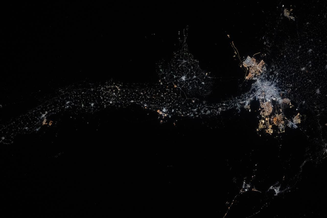 Egypt’s Nile River stretches is pictured at night from the International Space Station