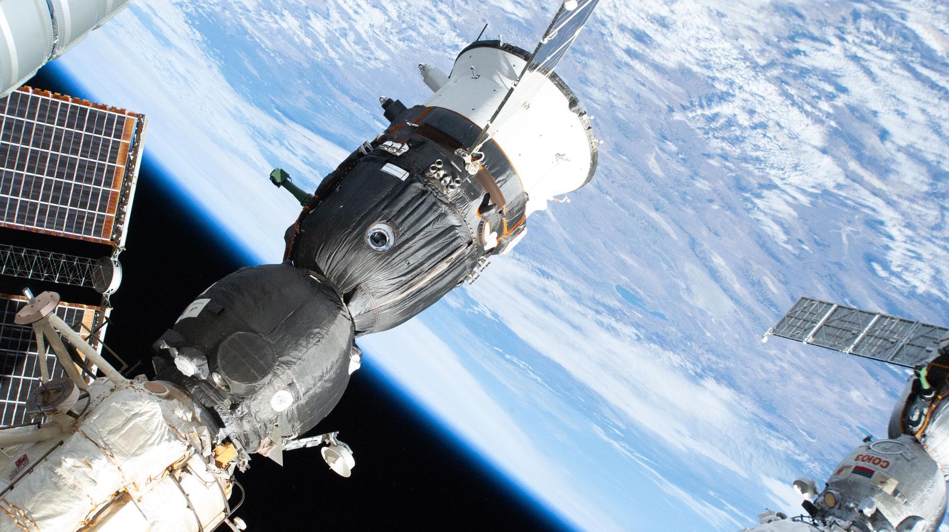 The Soyuz MS-28 crew spacecraft docked to the International Space Station