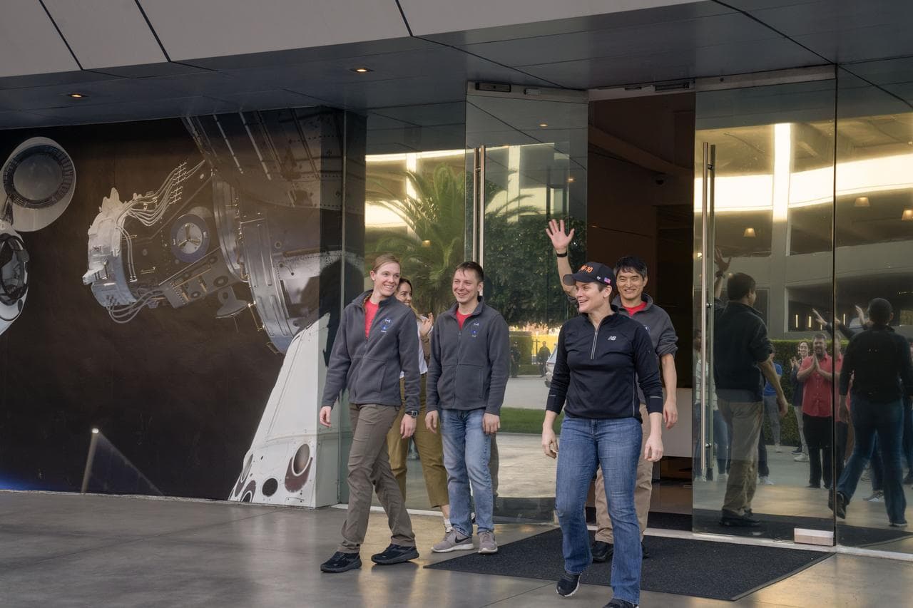 jsc2025e011326 - The crew members of NASA's SpaceX Crew-10 mission receive a sendoff at the SpaceX facility in Hawthorne, California ahead of their mission to the International Space Station. Credit: SpaceX