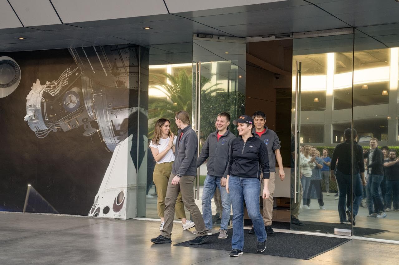jsc2025e011327 - The crew members of NASA's SpaceX Crew-10 mission receive a sendoff at the SpaceX facility in Hawthorne, California ahead of their mission to the International Space Station. Credit: SpaceX