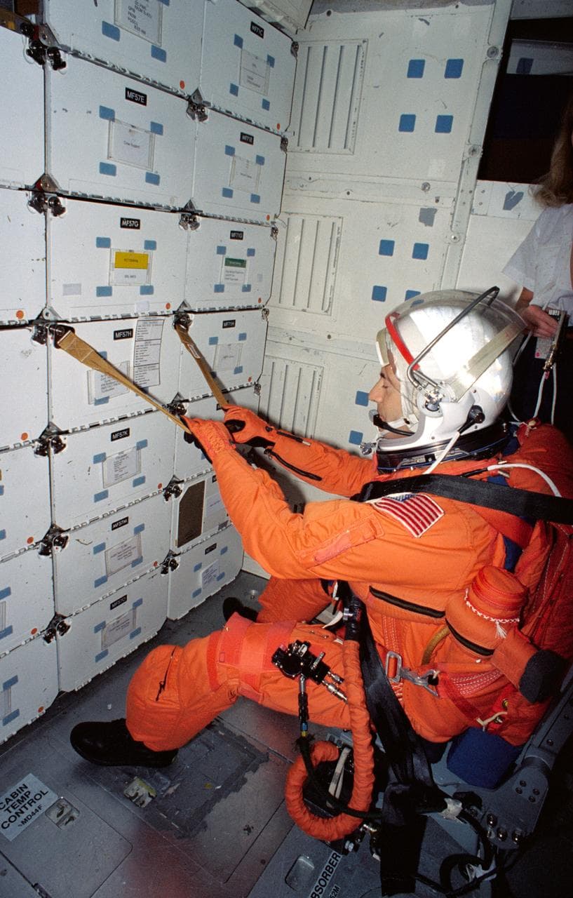 Astronaut Jean-Francois Clervoy in middeck during launch/entry training